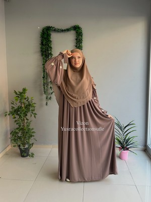 Yüsra Collection Tesettür Papatya Nakışlı Kol Bağlama Elbise ve Kısa Boy Sufle 2'litakım