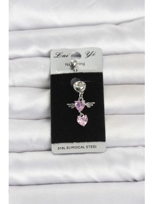 ALK Mey Ithalat® 316L Cerrahi Çelik Pembe Zirkon Taşlı Kanat Model Göbek Piercing