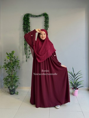Yüsra Collection Tesettür Papatya Nakışlı Kol Bağlama Elbise ve Kısa Boy Sufle 2'litakım