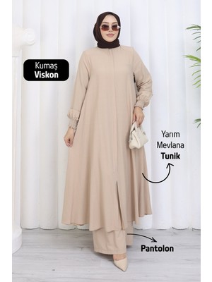 Moda Hayme Viskon Alt Üst Ikili Tesettür Takım Yarım Mevlana Tunik ve Pantolon Bir Arada Bej