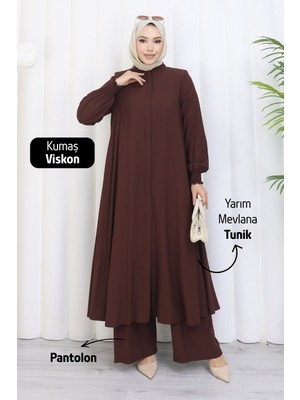 Moda Hayme Viskon Alt Üst Ikili Tesettür Takım Yarım Mevlana Tunik ve Pantolon Bir Arada Kahverengi