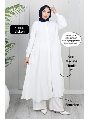 Moda Hayme Viskon Alt Üst Ikili Tesettür Takım Yarım Mevlana Tunik ve Pantolon Bir Arada Beyaz