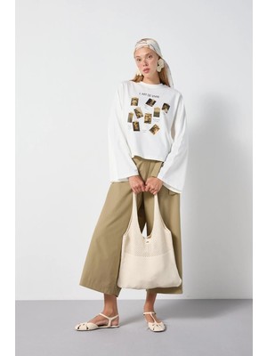 Minaaise Oversize Baskılı T-Shirt Ekru