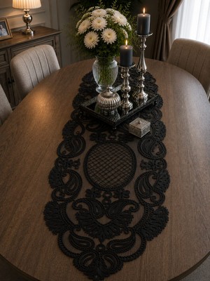 Lena Maison Luna Siyah Tül Üzerine Nakış Işlemeli Runner 105 CMX35 cm