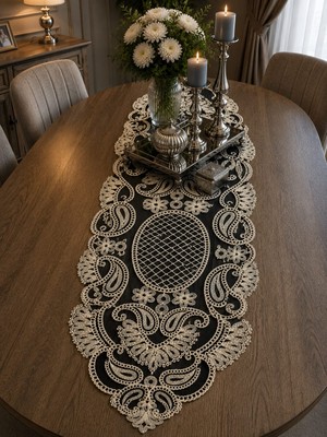 Lena Maison Luna Siyah Tül Üzerine Nakış Işlemeli Runner 105 CMX35 cm