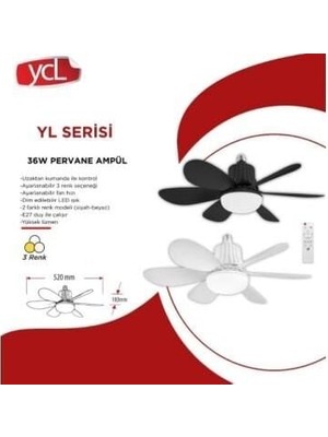 Ycl YL-525 36 Watt LED Pervane Vantilatör Fan Ampul E27 3 Renkli Siyah Kasa
