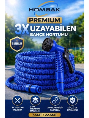 Eco Lounge 3x Uzayan Bahçe Hortumu 7.5-22.5 Metre Ayarlanabilir Tabancalı Premium Sulama Hortumu Mavi