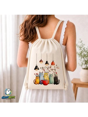 Ghostbastır Design Kedili Büzgülü Keten Çanta C137