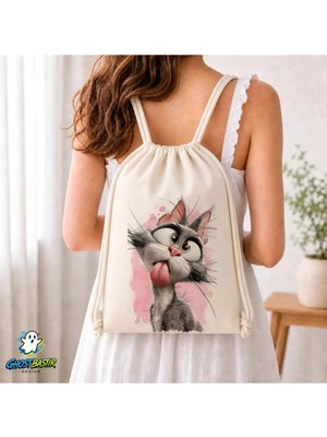 Ghostbastır Design Kedili Büzgülü Keten Çanta C144