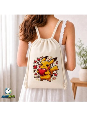 Ghostbastır Design Pikachu Büzgülü Keten Çanta C234