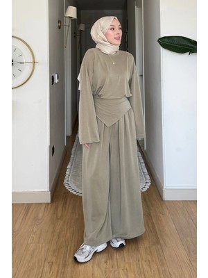 Tesettür Diyarı Ruby Pike Orijinal Modal Kumaş Parçalı Pantolon- Tunik Tesettür Takım- Haki