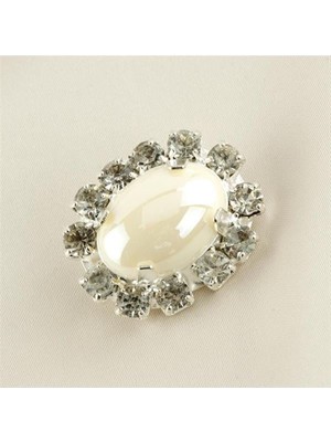 Bijuteri Net Oval Inci Taşlı Broş - Beyaz