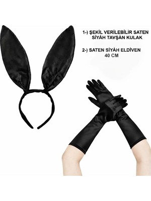 ALK Mey Ithalat® Siyah Parlak Tavşan Kulak ve 40 cm Parlak Siyah Eldiven Kostüm Seti