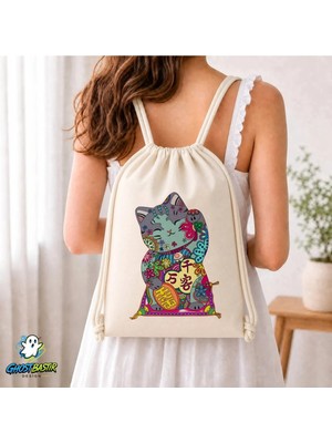 Ghostbastır Design Şans Kedisi Büzgülü Keten Çanta C303