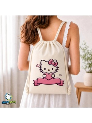 Ghostbastır Design Kişiye Özel Hello Kitty Büzgülü Keten Çanta C154