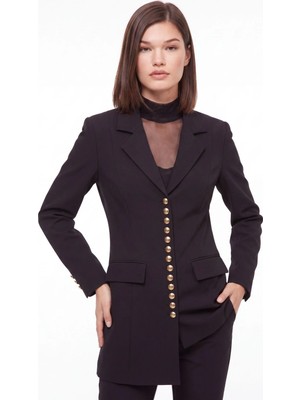 Cemo Gold Düğme Detaylı Uzun Blazer Ceket
