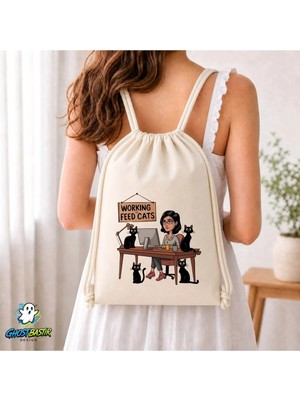 Ghostbastır Design Kedili Büzgülü Keten Çanta C145