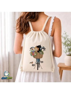 Ghostbastır Design Kedili Büzgülü Keten Çanta C139