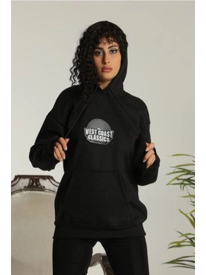 Tarz Yeri Kadın Oversize Kapüşonlu Cepli Baskılı 3 Iplik Pamuklu Hoodie Sweatshirt - Siyah