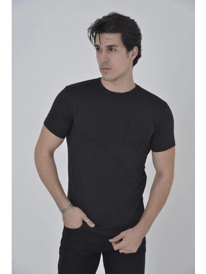Tarz Yeri Erkek File Çepli  T-Shirt Kısa Kol Bisiklet Yaka Slimfit Tişört - Siyah