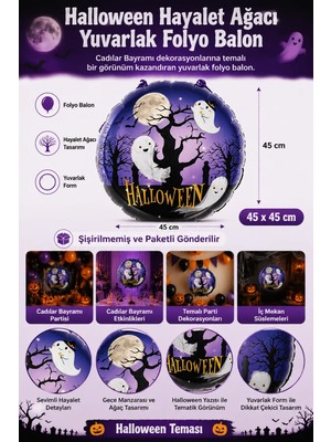 Dodomar Halloween Folyo Balon Hayalet Ağacı Yuvarlak 45x45 cm Cadılar Bayramı Parti Süsü Dekorasyon Balonu