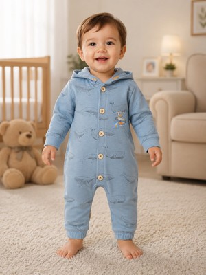 Mummys Love Erkek Çocuk Kapüşonlu Tulum - %100 Doğal Pamuk - Indigo
