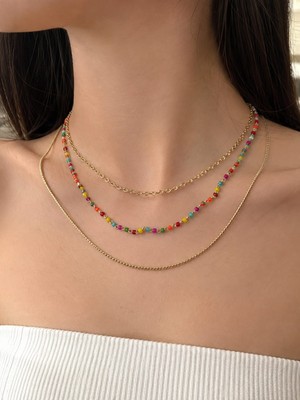 Moda Kadın Gold Kaplama Üçlü Renkli Kombin Kolye