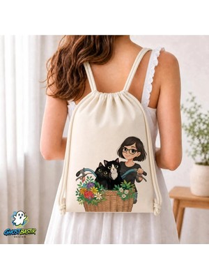 Ghostbastır Design Kedili Büzgülü Keten Çanta C142