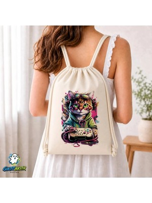 Ghostbastır Design Oyuncu Kedi Büzgülü Keten Çanta C211