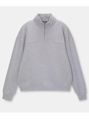 Tarz Yeri Kadın 3 Iplik Pamuklu Oversize Yarım Fermuarlı Yakalı Basic Sweatshirt - Gri