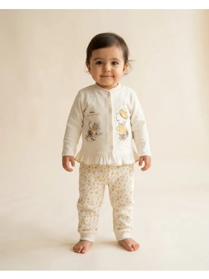 Kız Bebek Kedi Baskılı Fırfırlı Sarı Pijama Takımı