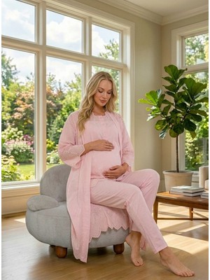 Lohussa Yeni Sezon Pudra Yazlık Fisto Keten Detaylı Tasarım Kısa Kol %100 Pamuk Hamile Lohusa Sabahlık Pijama Takımı 3'lü Set