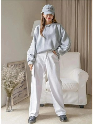 Tarz Yeri Kadın 3 Iplik Pamuklu Oversize Yarım Fermuarlı Yakalı Basic Sweatshirt - Gri