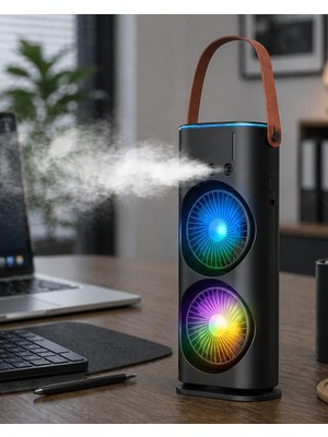 ALK Çift Başlıklı Taşınabilir Fan Rgb Işıklı Sprey Nemlendiricili Masaüstü Serinletici Fan
