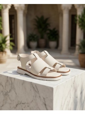 Futsi Shoes Cove Bej Hakiki Deri Bilekten Tokalı Kadın Sandalet