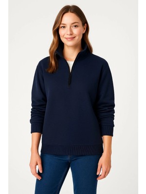 Tarz Yeri Kadın 3 Iplik Pamuklu Dık Yaka Yarım Fermuarlı Sweatshirt - Lacivert
