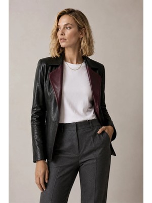 Deriderim Liora Kadın Çift Taraflı Bordo Siyah Hakiki Deri Blazer Ceket