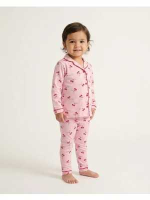Kız Bebek Pembe Kiraz Baskılı Düğmeli Pijama Takımı