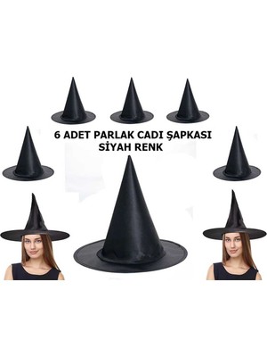 Die Grup Halloween Siyah Renk Parlak Dralon Cadı Şapkası Yetişkin ve Çocuk Uyumlu 6 Adet