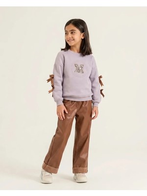 Kız Çocuk Lila 3 Iplik Sweatshirt ve Deri Pantolon Takım