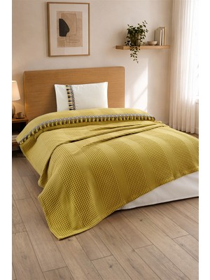 Sevim 3 Parça Tek Kişilik Püskül Dantelli Pike Takımı - 160X220 cm - Tiffany - Hardal