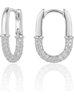 Söğütlü Silver 925 Ayar Gümüş Küpe Beyaz Altın Rodyumlu Yarı Taşlı Oval Halka Küpe - U Formlu Zirkon Taşlı Şık Geçmeli Küpe SGTL13486RODAJ