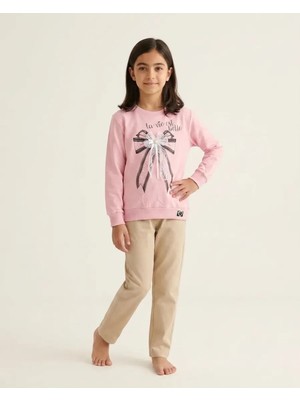Pembe – Fiyonk Baskılı Dantel Işlemeli Kız Sweat