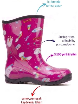 Myrain Palalı Termal Astarlı Su Geçirmez Kız Çocuk Yağmur Çizmesi