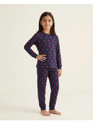 Lacivert – Kalp Desenli Kız Süprem Pijama Takım