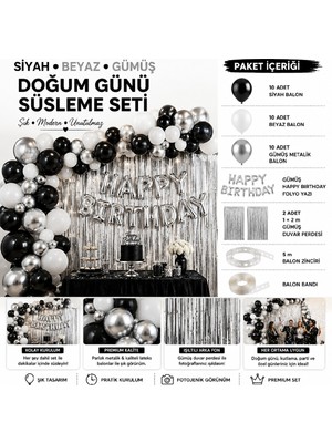 Bkmc Happy Birthday Siyah Beyaz Gümüş Doğum Günü Süsleme Seti | Happy Birthday Balon Zinciri Gümüş Duvar Perdesi Parti Dekorasyon Seti Balon Parti Doğum Günü Süsleme Seti