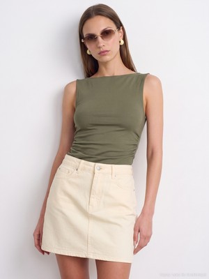 Dilvin 31589 Büzgülü Kayık Yaka Top-Haki