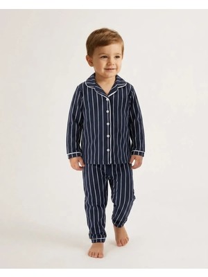 Erkek Bebek Lacivert Çizgili Yakalı Düğmeli Pijama Takımı