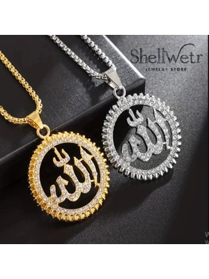 ShellWetr Parlak Taşlı “allah” Yazılı Gümüş Kaplama Kadın Kolye | Zarif & Anlamlı Manevi Tasarım Shwtasallahkly, 45 x 48