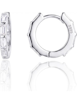 Söğütlü Silver 925 Ayar Gümüş Işıltılı Sıra Baget Kesim Zirkon Taşlı Halka Küpe - Zirkon Huggie Kadın Küpe SGTL13497RODAJ